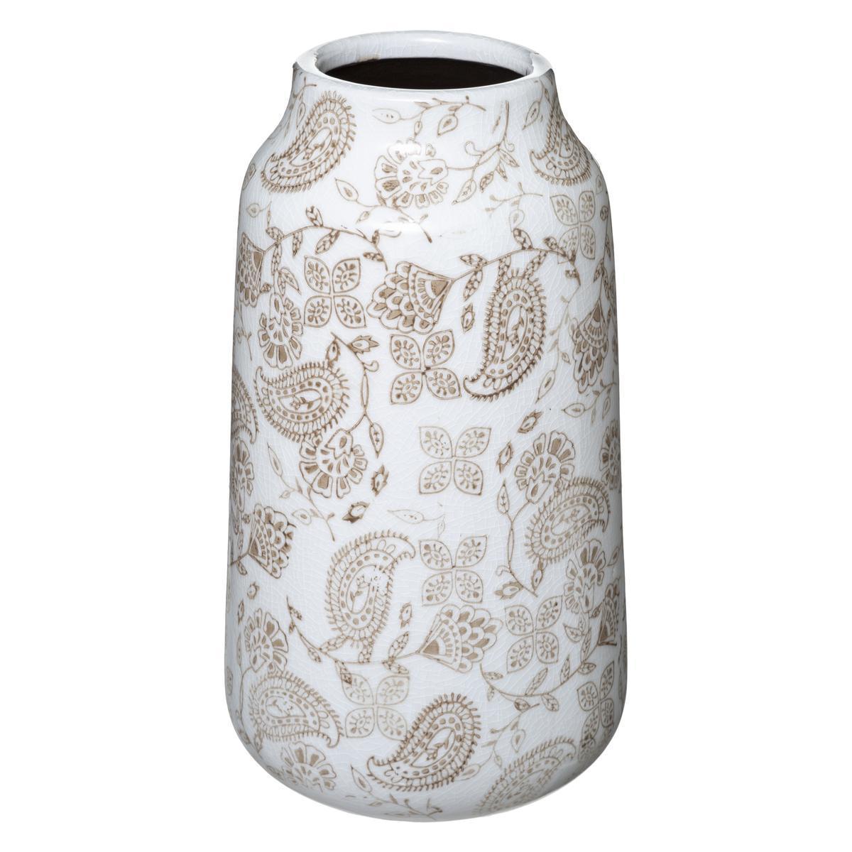 Vase céramique Folk - ø 15.5 x H 28 cm - Blanc, marron - ATMOSPHERA