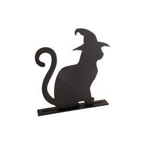 chat au chapeau de sorciere sur socle en bois