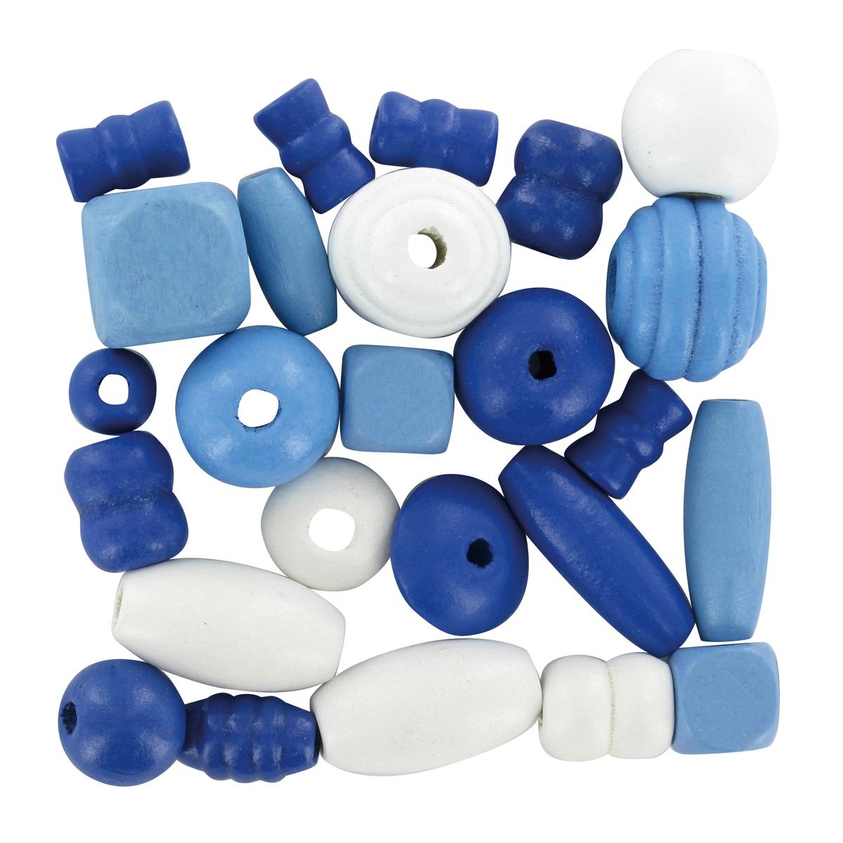 Perles bois assorties bleues de 0,5 à 2 cm, 50 g