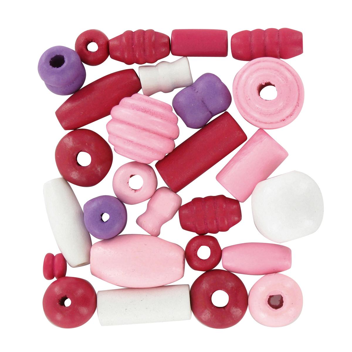 Perles bois assorties roses de 0,5 à 2 cm, 50 g