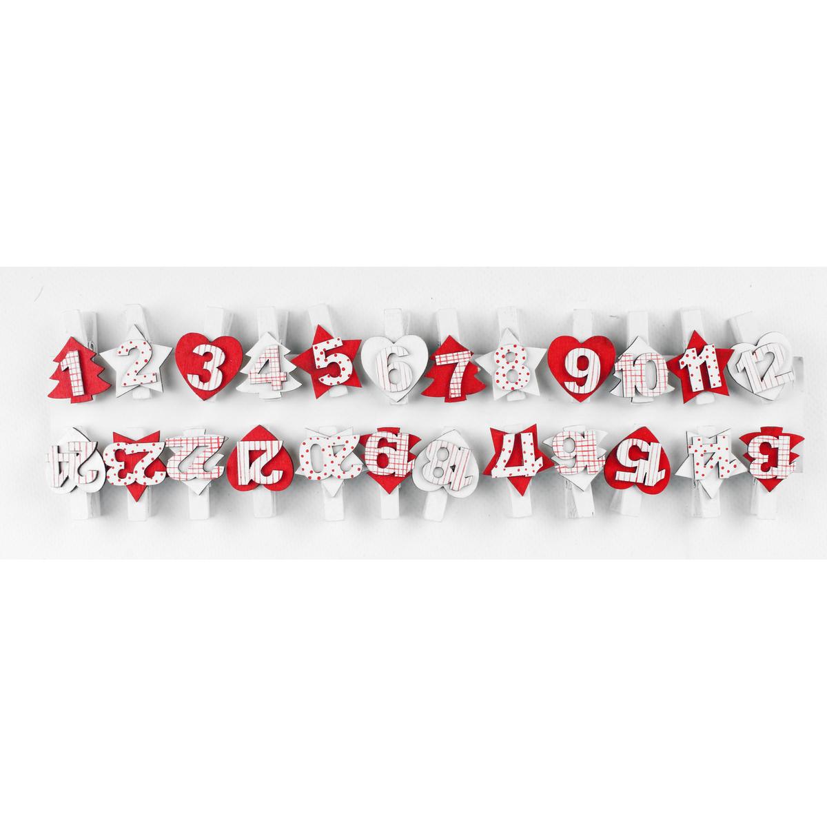 Pinces à linge Noël bois blanc, rouge numérotées 3,5 cm x 24 pcs