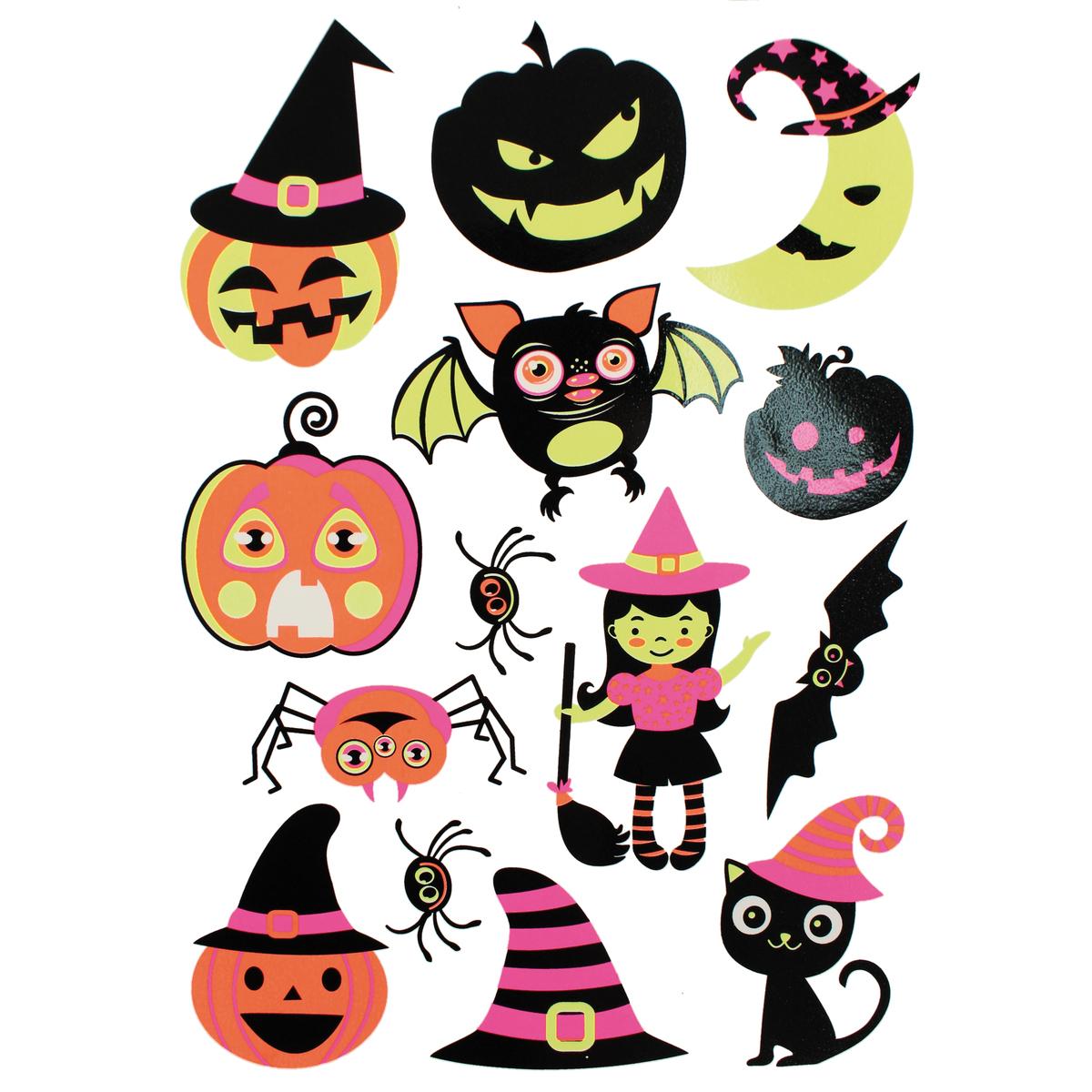 Stickers Halloween fluo phosphorescents de 4 à 7 cm x 14 pcs