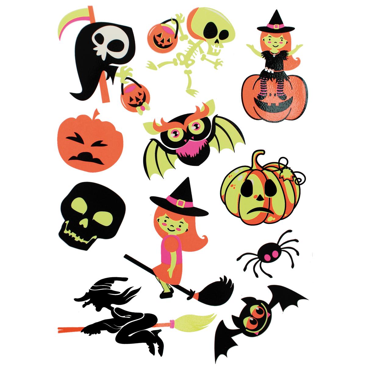 Stickers Halloween fluo phosphorescents de 4 à 7 cm x 11 pcs