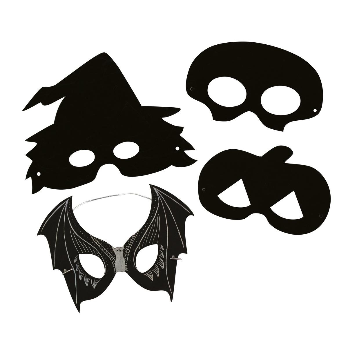 Kit masques à gratter Halloween noirs 16 à 20 cm x 4 pcs