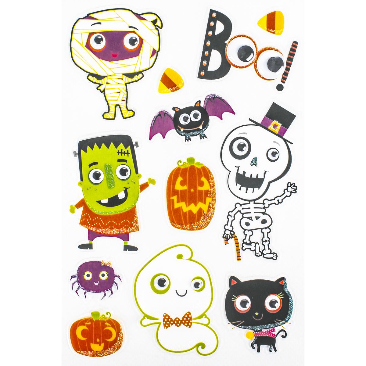 Stickers Halloween pailletés avec yeux mobiles 2 à 9 cm x12