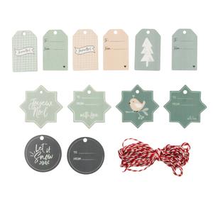 Tags de Noël motifs  4 à 7 cm, 5 m de cordelette x12