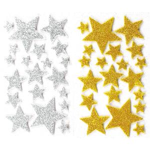 Stickers 3D étoiles or, argent mousse pailletée 1,5 à 4,5 cm x 40 pcs