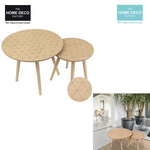 Duo de tables gigognes brunes en bois gravé - Différents modèles - Grande table : ø 48 x H 43 cm/ Petite table : ø 32.8 x H 39.5 cm - Marron