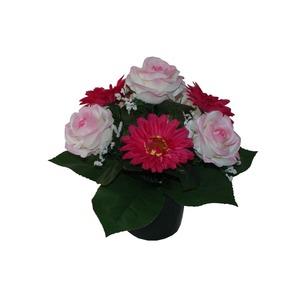 Potée roses + gerberas - Hauteur 30 cm - Rose fushia