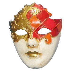 Masque de dame de carreau - Papier mâché - 20,5 x 9 x H 17 cm - Rouge et or