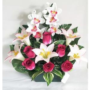 Jardinière roses, lys et orchidées artificiels - 16 x H 40 x 10 cm - Différents modèles - Multicolore