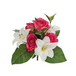 Mini bouquet de roses et lys - Polyester - H 25 cm - Blanc, rose ou fuchsia