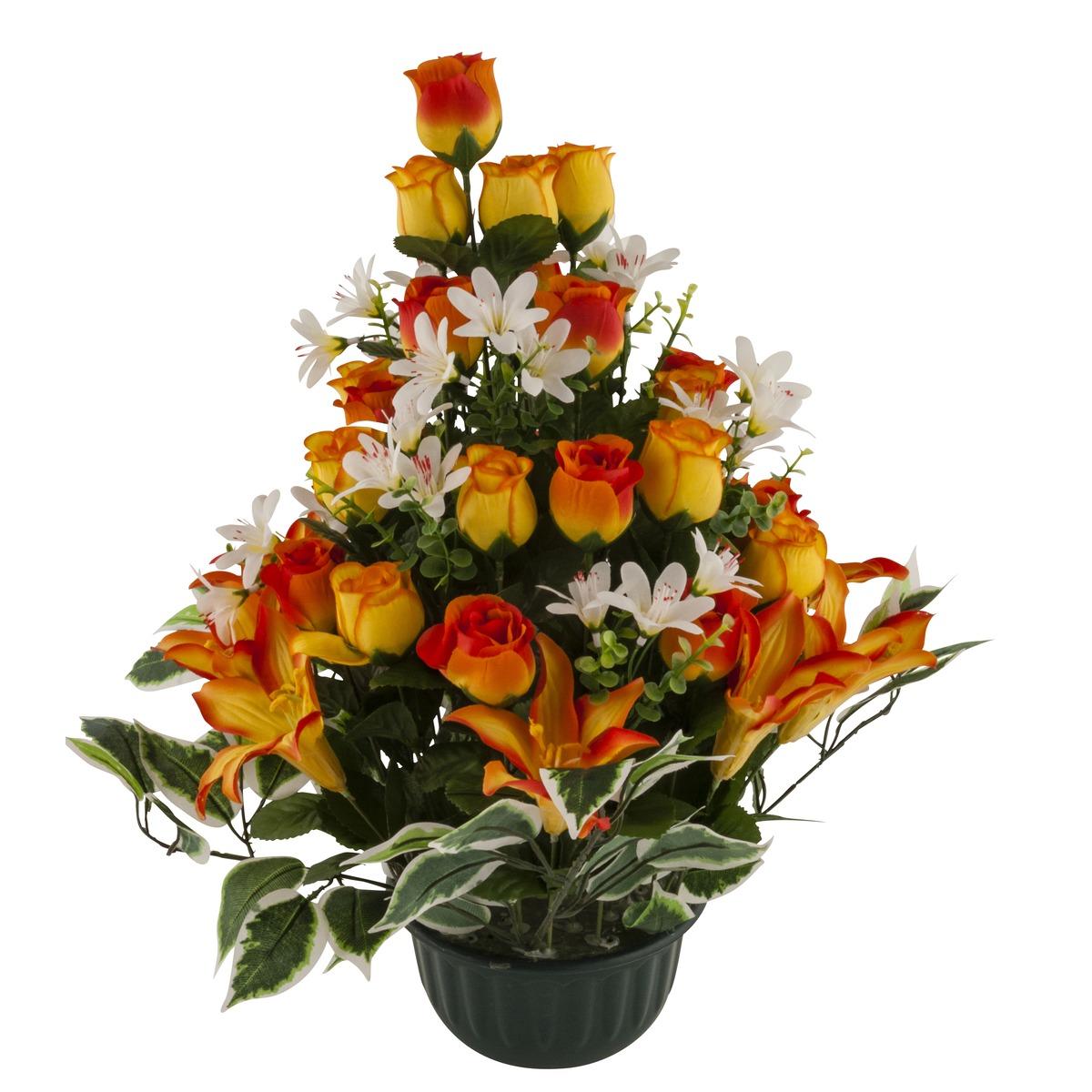Coupe pyramide de lys et bouton de roses - 50 x 20 cm - Orange