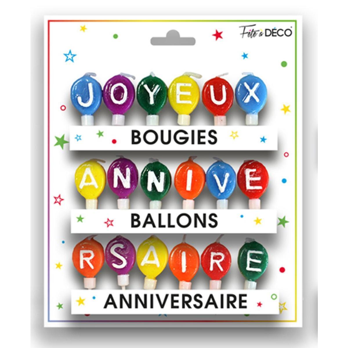 Bougies forme ballon Joyeux anniversaire avec languette - H 3 cm - Multicolore
