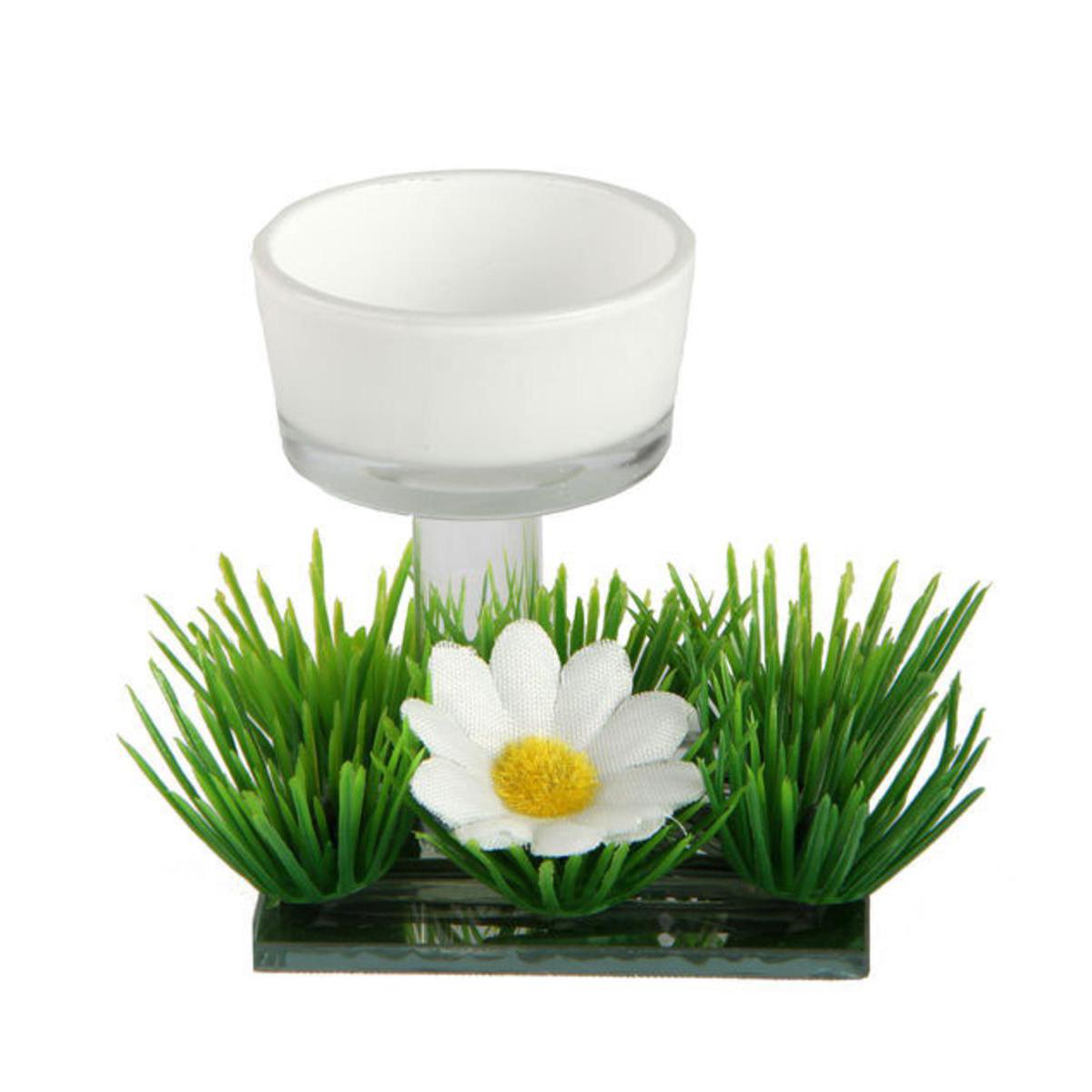 Bougeoir et carré d'herbe fleurie - Verre, Plastique, Polyester - 7 x 6 x 5 cm - Blanc Bougeoir et carré d'herbe fleurie - Verre, Plastique, Polyester - 7 x 6 x 5 cm - Blanc