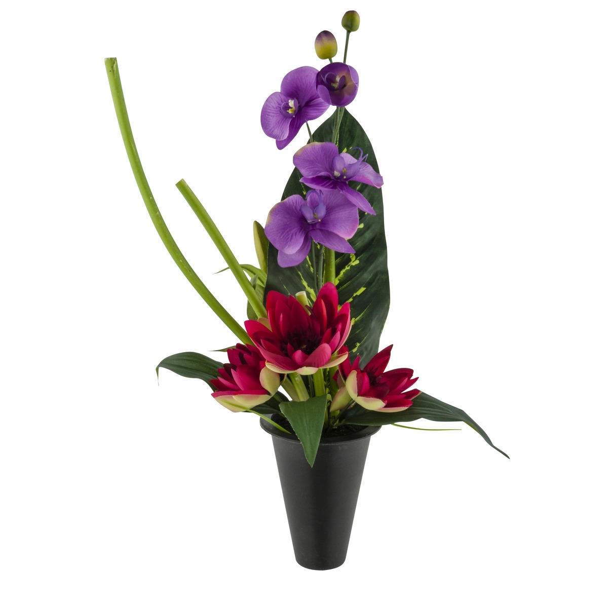 Composition florale en cône avec orchidées et lotus artificiels - Hauteur 54 cm - Violet et rouge