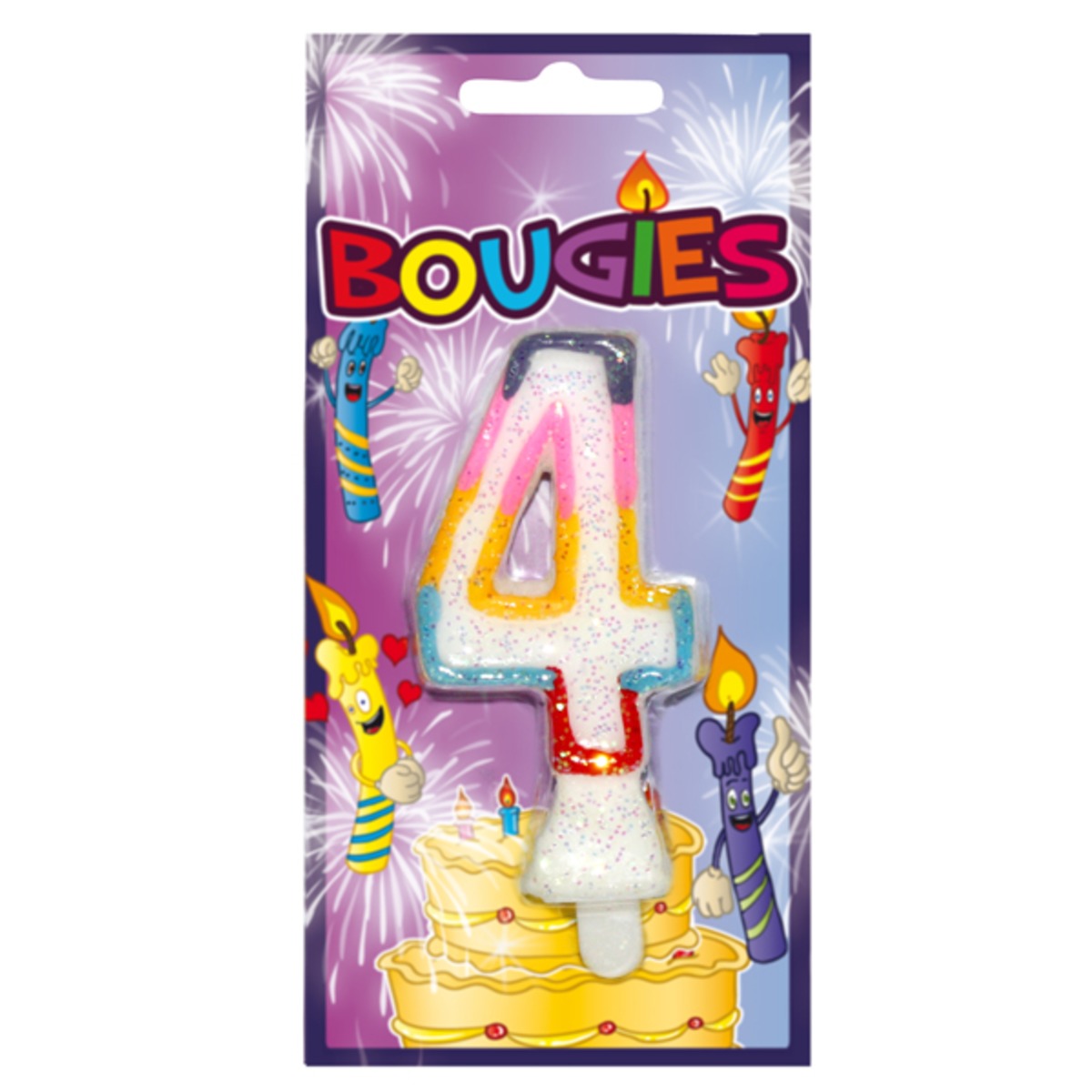 Bougie pailletée chiffre quatre avec languette - 8 cm - Multicolore