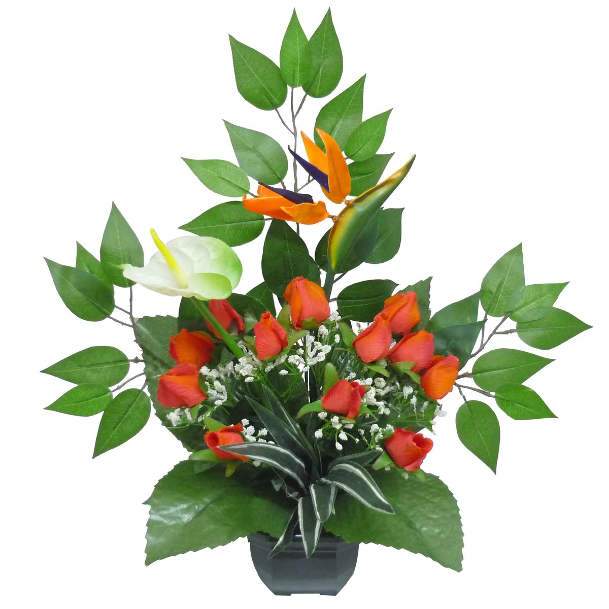 Coupe roses + strelitzias + anthuriums - Hauteur 53 cm - Orange, vert