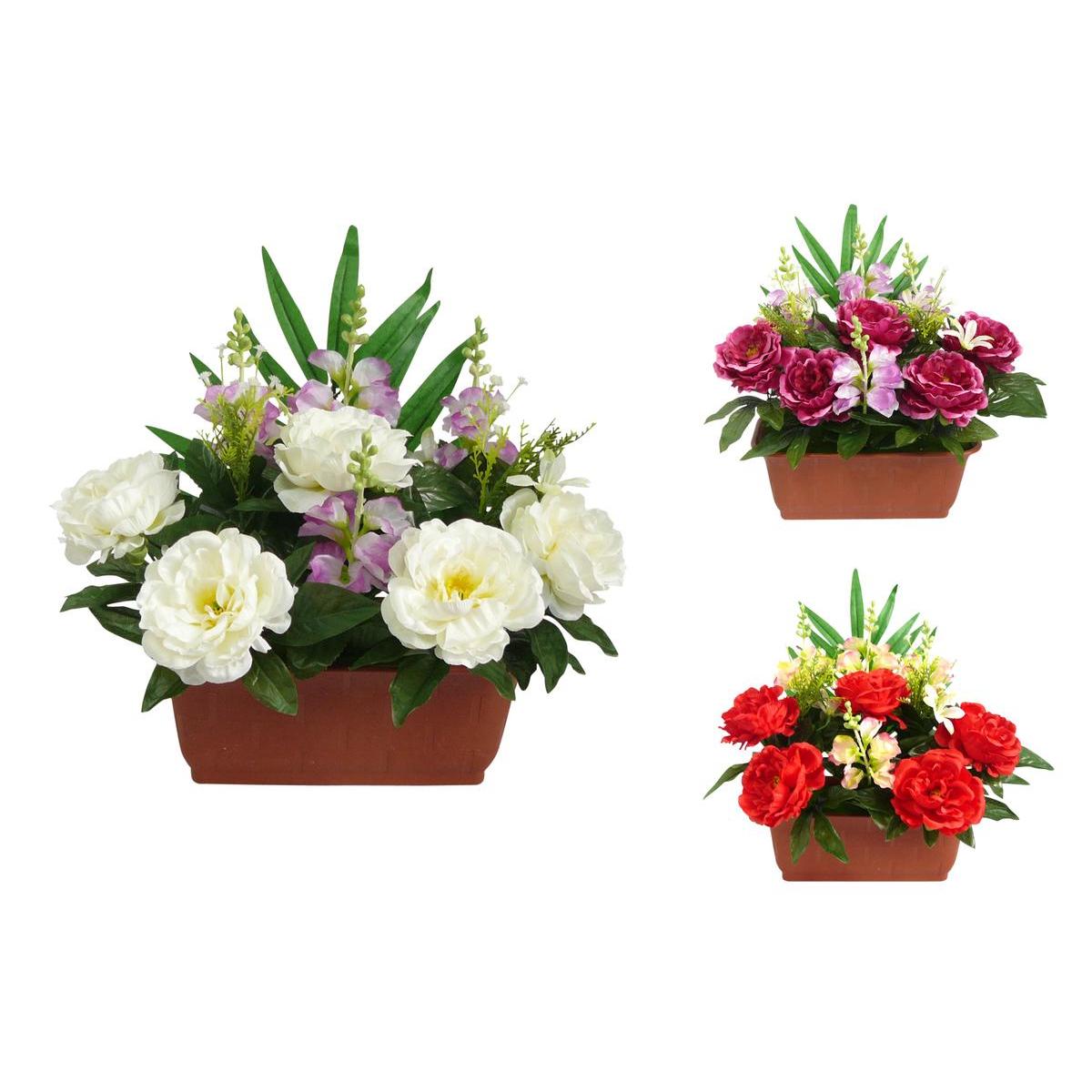 Jardinière de pivoines et gueules de loup - Plastique - 25 x H 36 cm - Blanc, rose ou rouge Jardinière de pivoines et gueules de loup - Plastique - 25 x H 36 cm - Blanc, rose ou rouge