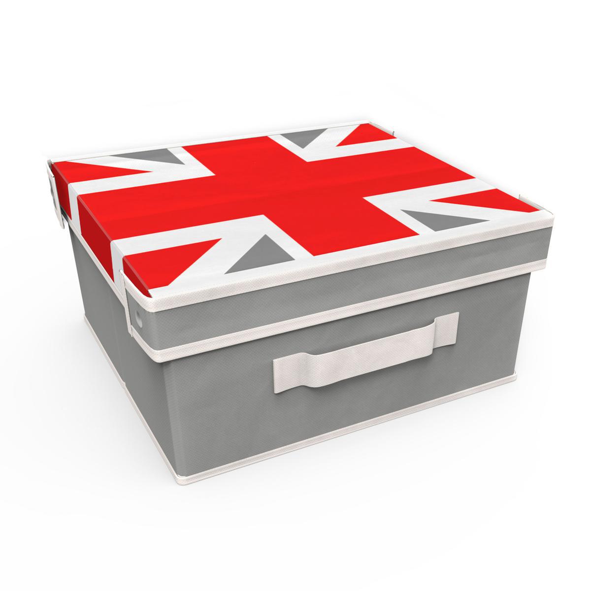 Boîte de rangement drapeau UK - Tissu non tissé - 33 x 29 x H 15 cm - Gris, blanc et rouge Boîte de rangement drapeau UK - Tissu non tissé - 33 x 29 x H 15 cm - Gris, blanc et rouge