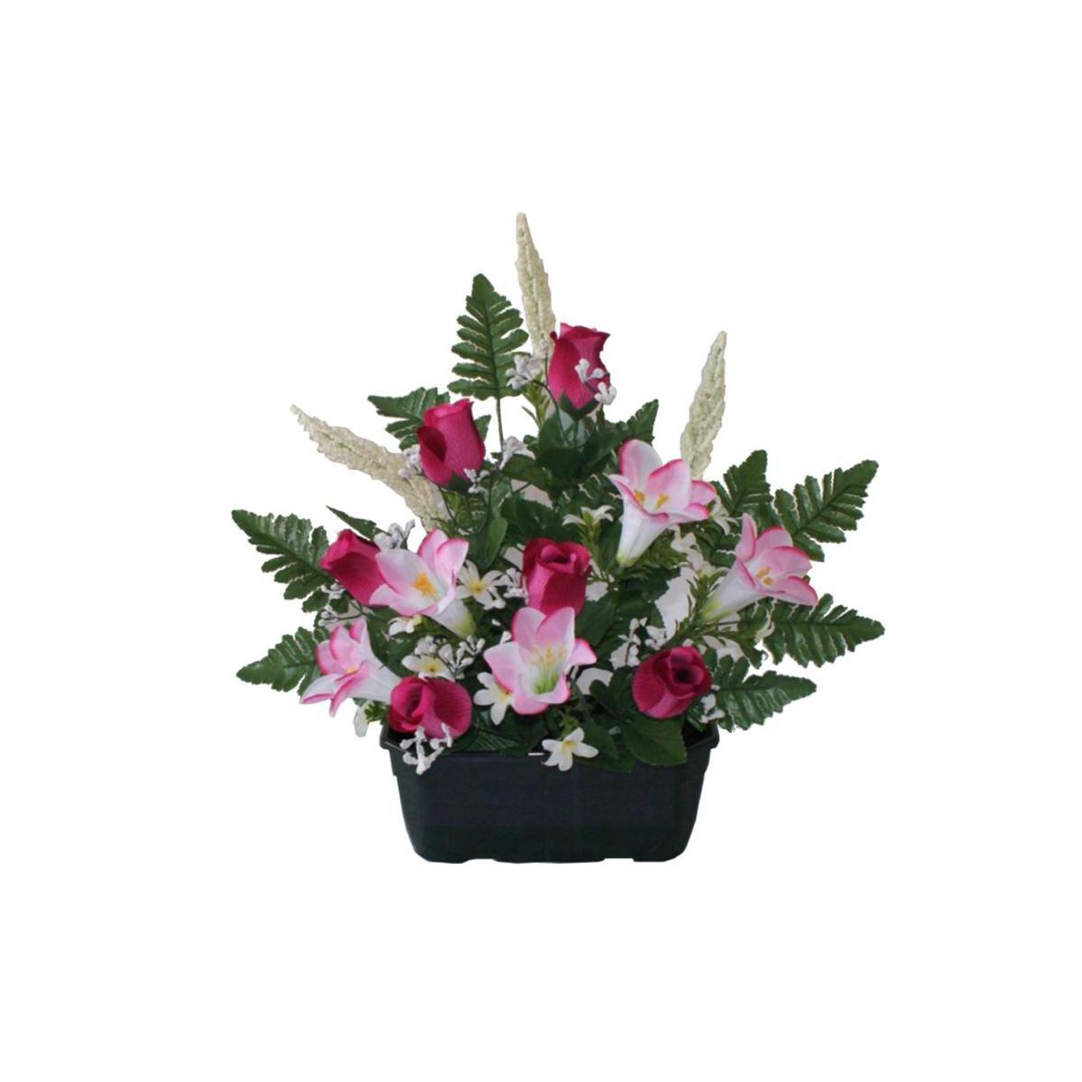 Jardinière de gerbes de roses, lys et fougère - Polyester - H 45 cm -Fushia Jardinière de gerbes de roses, lys et fougère - Polyester - H 45 cm -Fushia