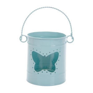 Photophore en forme de seau avec découpe papillon - Acier et verre - Diamètre 8 x H 9,3 cm - Bleu
