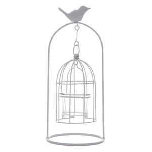 Photophore en forme de cage en métal - 11 x 11 x H 26 cm - Blanc
