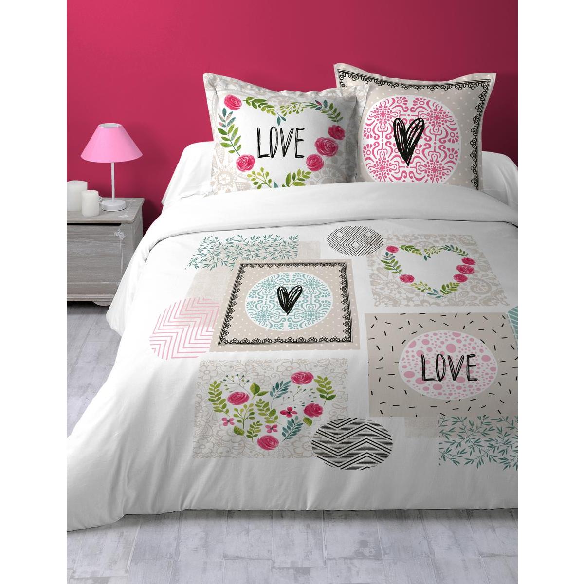 Housse de couette Heartlove 2 personnes - L 260 x l 240 cm - Multicolore, blanc
