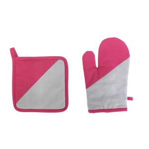 Set gant et manique bicolores en coton - gris, rose