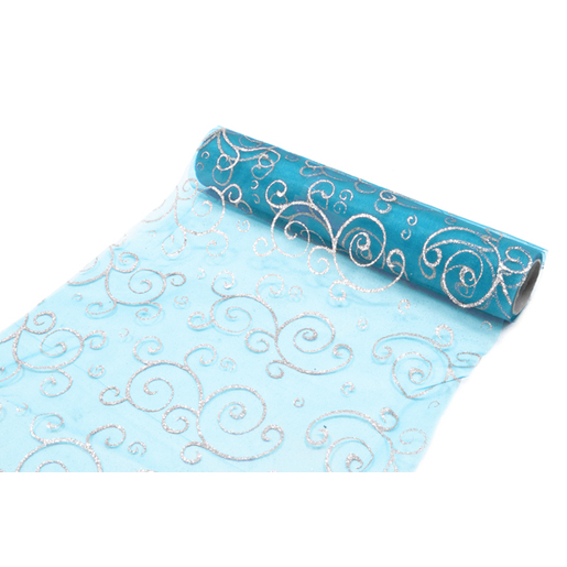 Chemin De Table Arabesque Paillete Organza Bleu Decoration