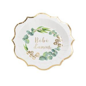 8 assiettes de fête à usage unique Bébé d'amour - ø 23 cm - Vert, or, blanc