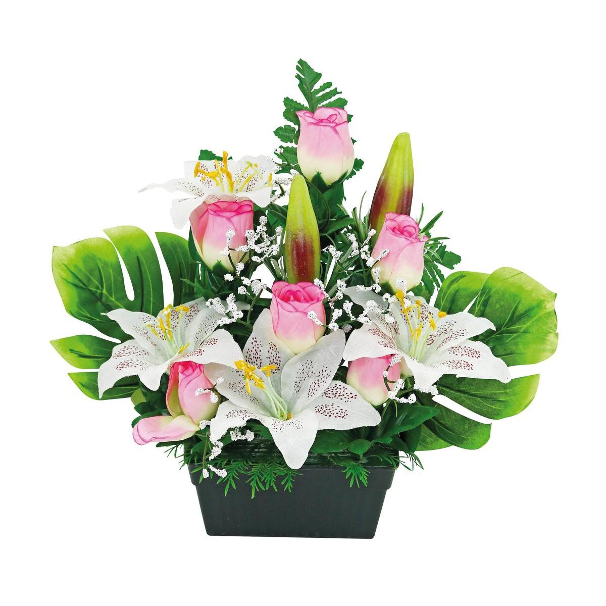 Jardinière de boutons de roses et lys artificiels - ø 20 x 11 x H 38 cm - Différents modèles - Rose, vert, noir, blanc Jardinière de boutons de roses et lys artificiels - ø 20 x 11 x H 38 cm - Différents modèles - Rose, vert, noir, blanc