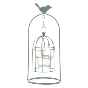 Photophore en forme de cage en métal - 11 x 11 x H 26 cm - Vert d'eau