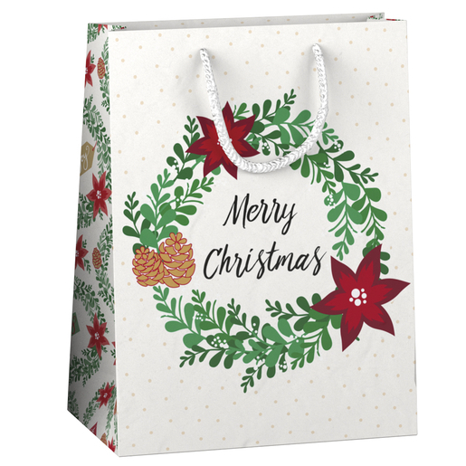 Sac cadeau motifs couronne de sapin - Taille M - Rouge, vert, beige, blanc Sac cadeau motifs couronne de sapin - Taille M - Rouge, vert, beige, blanc
