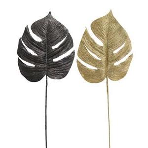 Feuille de monstera synthétique pailletée - H 61 cm - Noir, or