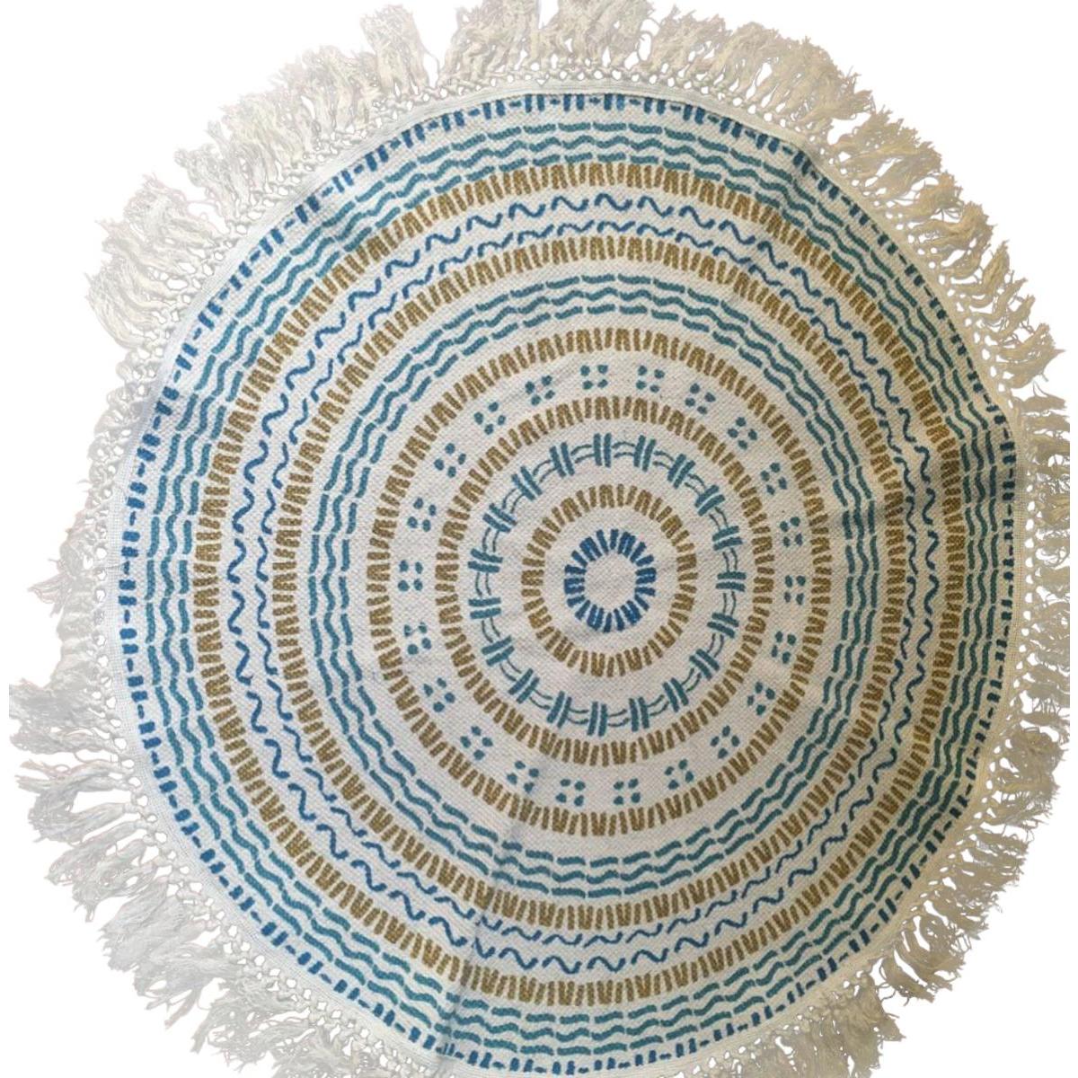 Tapis Rond Imprime Boheme O 150 Cm Bleu Blanc Beige White Paradise La Foir Fouille