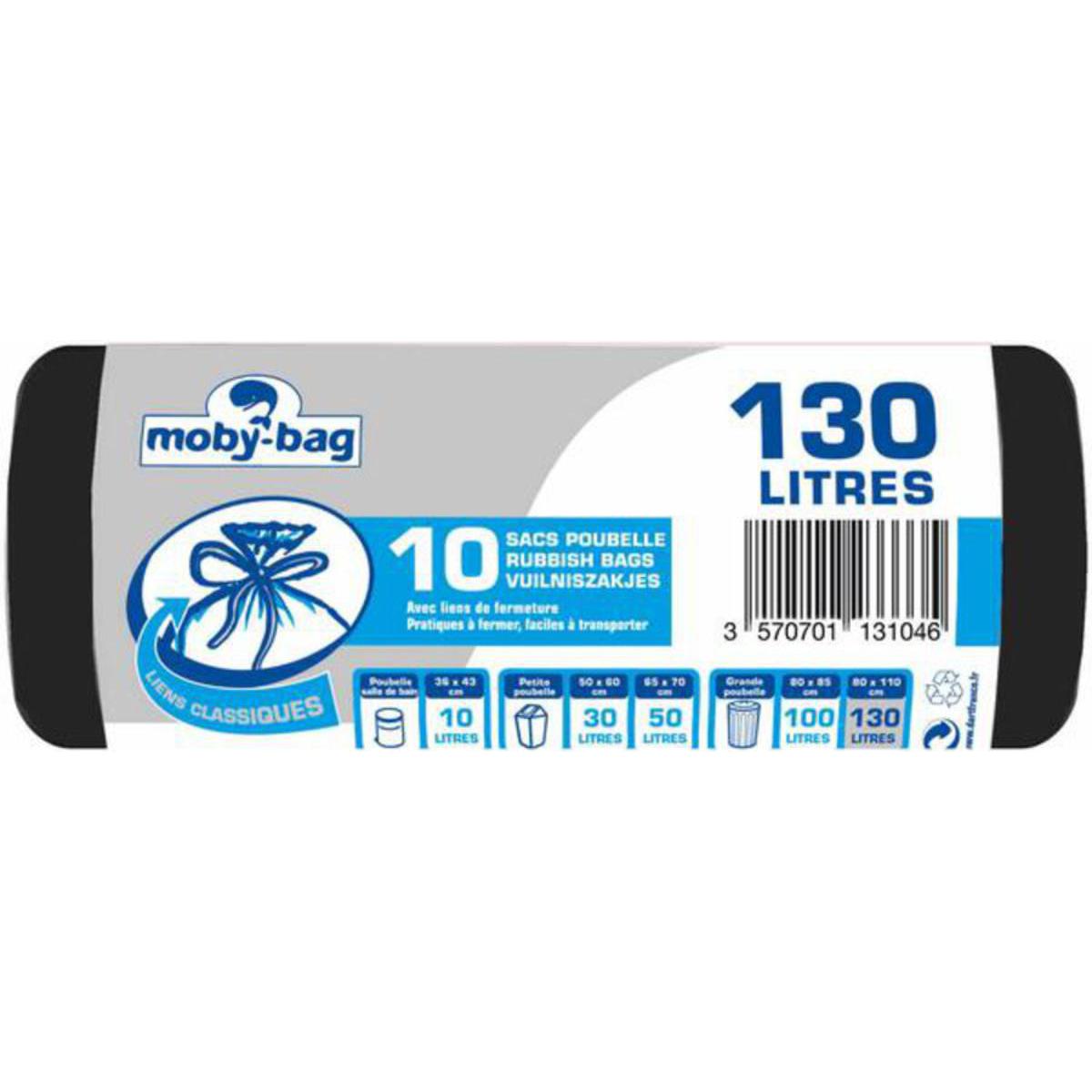 Lot de 10 sacs poubelle - 130 litres - Polyéthylène - Noir