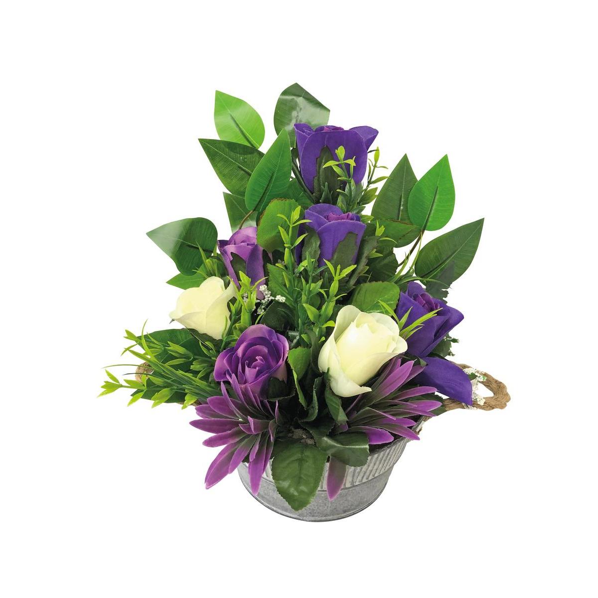 Composition roses et ficus artificiels - ø 18 x H 24 cm - Violet, vert, blanc Composition roses et ficus artificiels - ø 18 x H 24 cm - Violet, vert, blanc