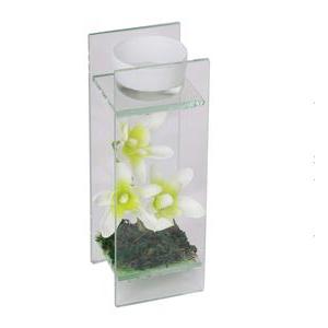 Bougeoir en verre + Fleurs - 7 x 6 x H 18 cm - Blanc