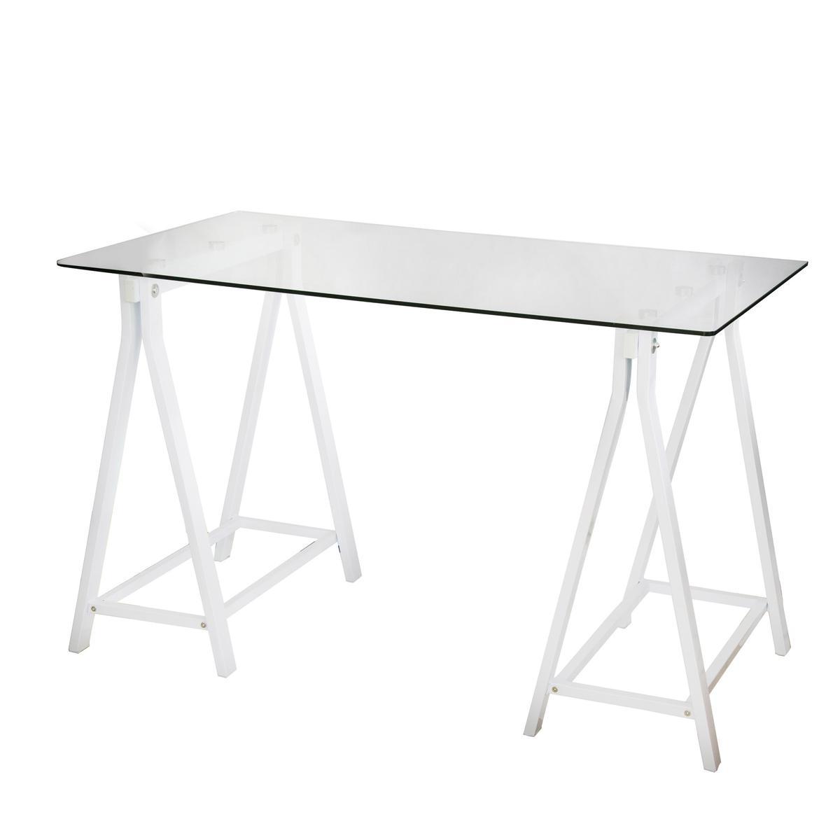 Table bureau - Acier et verre - 120 x 65 x H 76 cm - Blanc Table bureau - Acier et verre - 120 x 65 x H 76 cm - Blanc