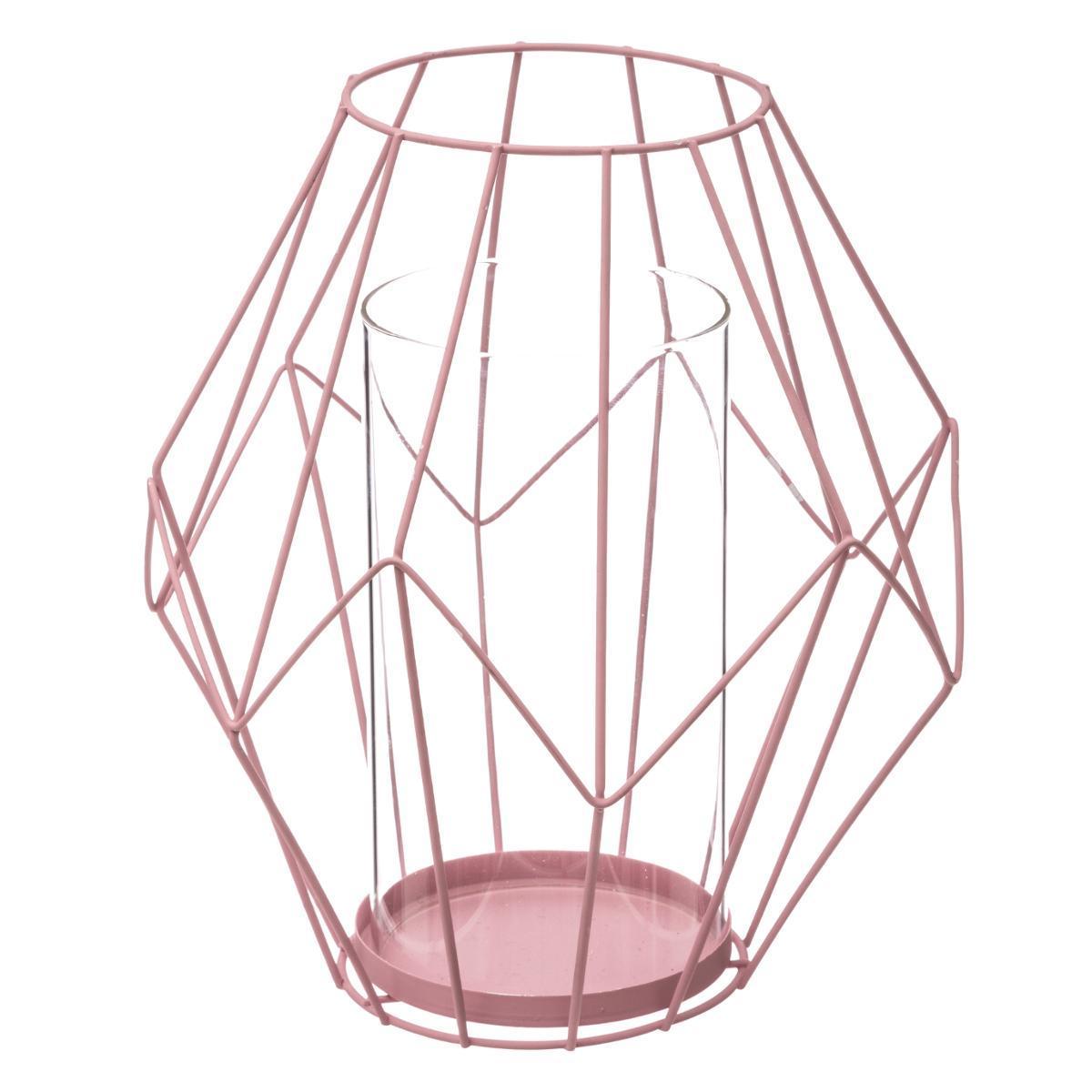Photophore metal+verre rose H 21