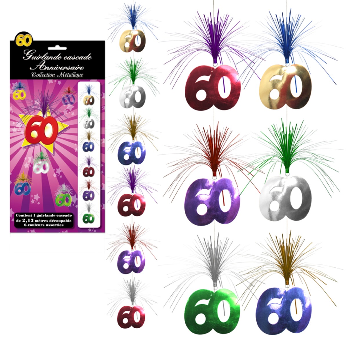 Guirlande cascade Anniversaire 60 ans - 2,13 m - Multicolore