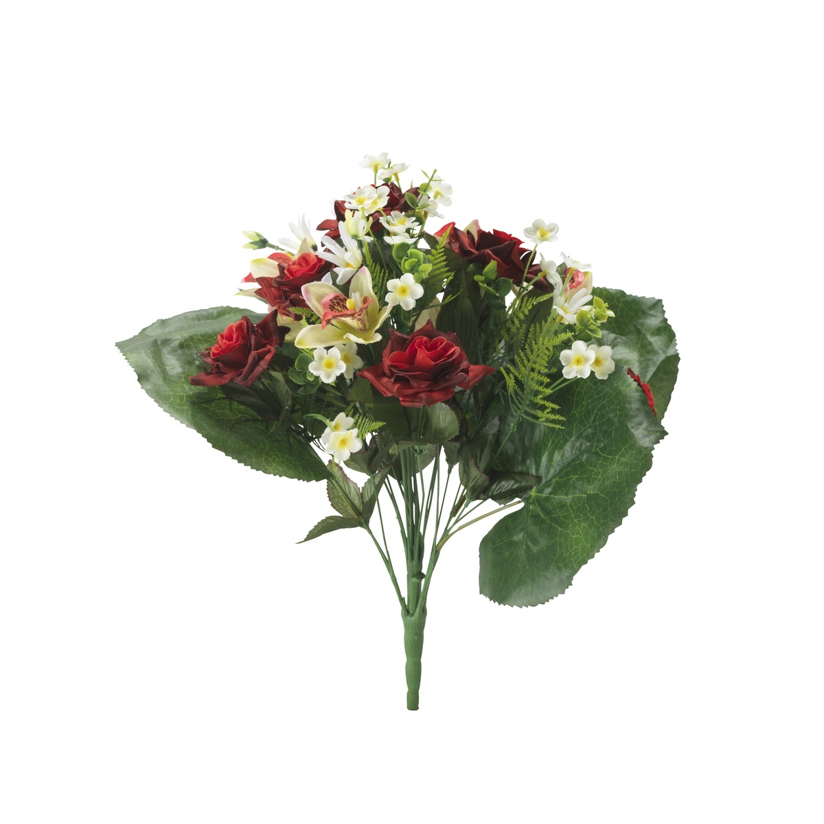 Bouquet piquet de 24 roses et orchidées artificielles - Hauteur 45 cm - Rouge