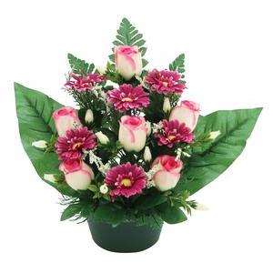 Potée de marguerites et boutons de roses artificiels - 14 x H 28 cm - Différents coloris - Orange, vert, rose