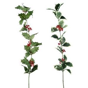 Branche de Houx baies pailletées - H 92 cm - Vert, Rouge