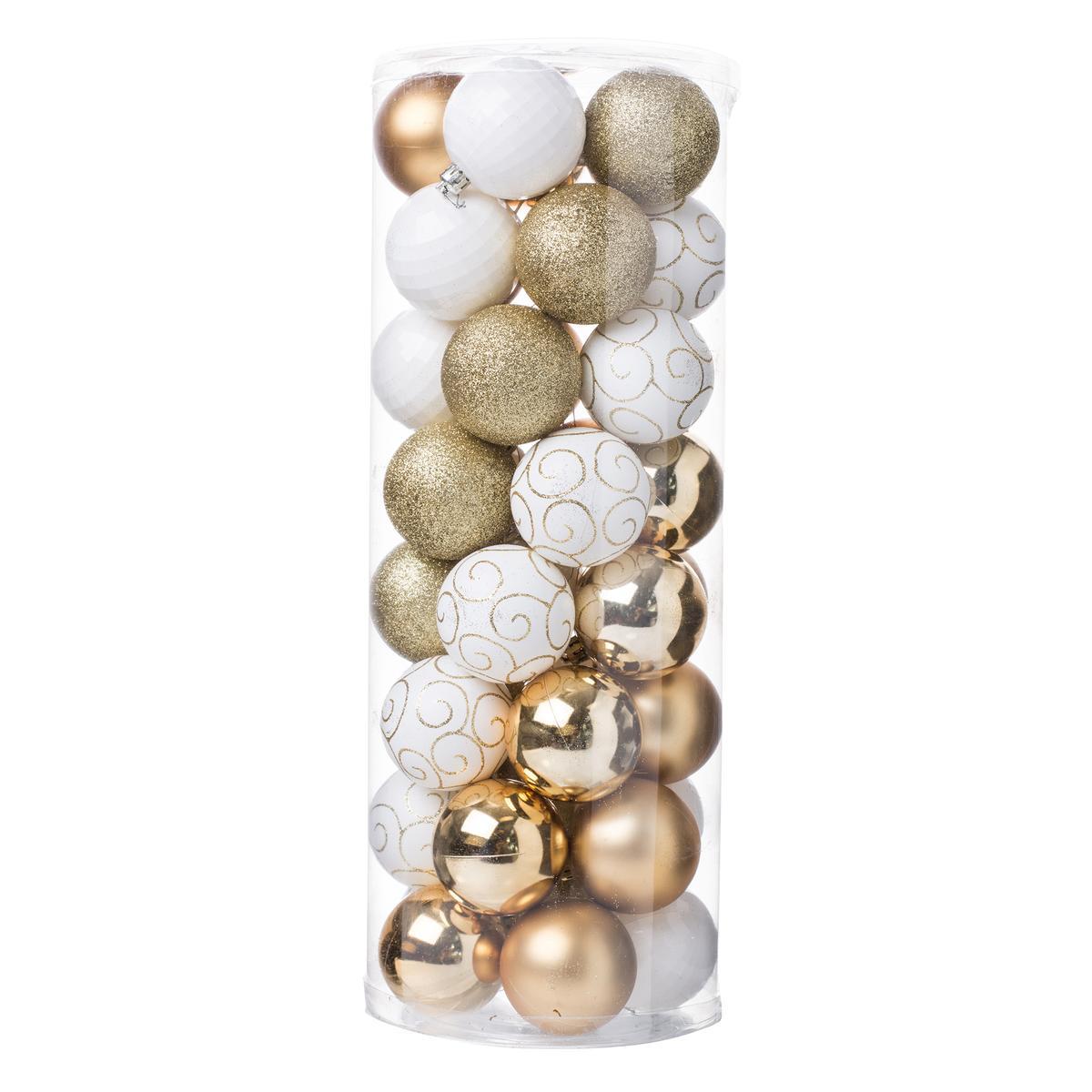 40 boules de Noël en tube - ø 6 cm (par boule) - Différents coloris - Or, blanc 40 boules de Noël en tube - ø 6 cm (par boule) - Différents coloris - Or, blanc