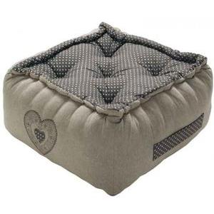 Pouf brodé avec motif cœur - 100% coton - 40 x 40 x 30 cm - Beige et gris