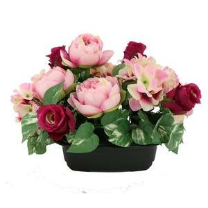 Jardinière de pivoines, boutons de rose et lierre synthétiques - ø 22 cm - Rose, vert