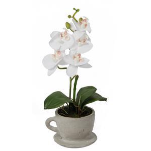 Orchidée en tasse - Céramique, plastique et polyester - Hauteur 28 cm - Blanc et fuchsia