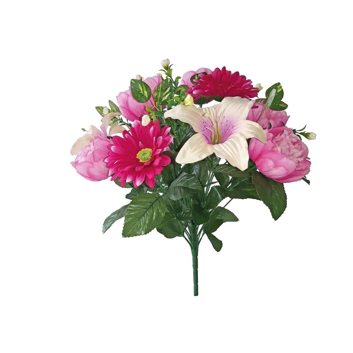 Bouquet de pivoines, lys et gerberas artificiels - H 48 cm - Rose, vert, blanc Bouquet de pivoines, lys et gerberas artificiels - H 48 cm - Rose, vert, blanc
